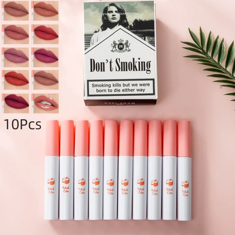 10pcs Lana Del Rey Matte Lip Gloss Creative Cigarette Lipstick Set Long Lasting Waterproof Non Stick To Cup Sexy Velvet Nude Lip