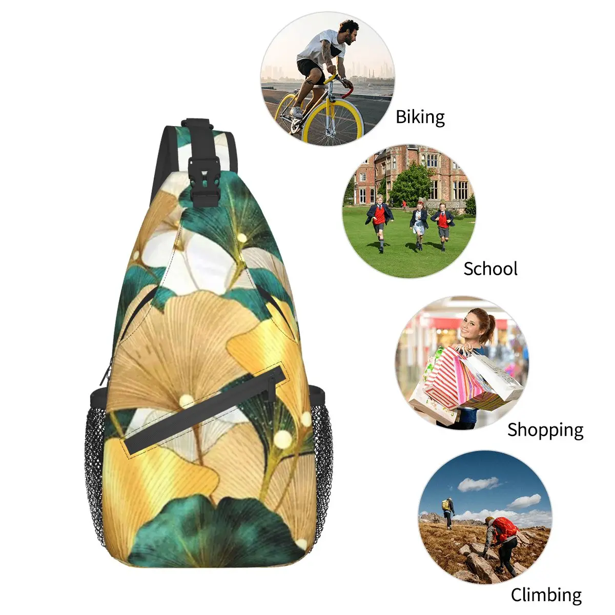 Borse a tracolla a tracolla con foglie verdi e dorate tasche autunnali in Ginkgo borsa da viaggio Messenger sport adolescenti borsa a tracolla Unisex