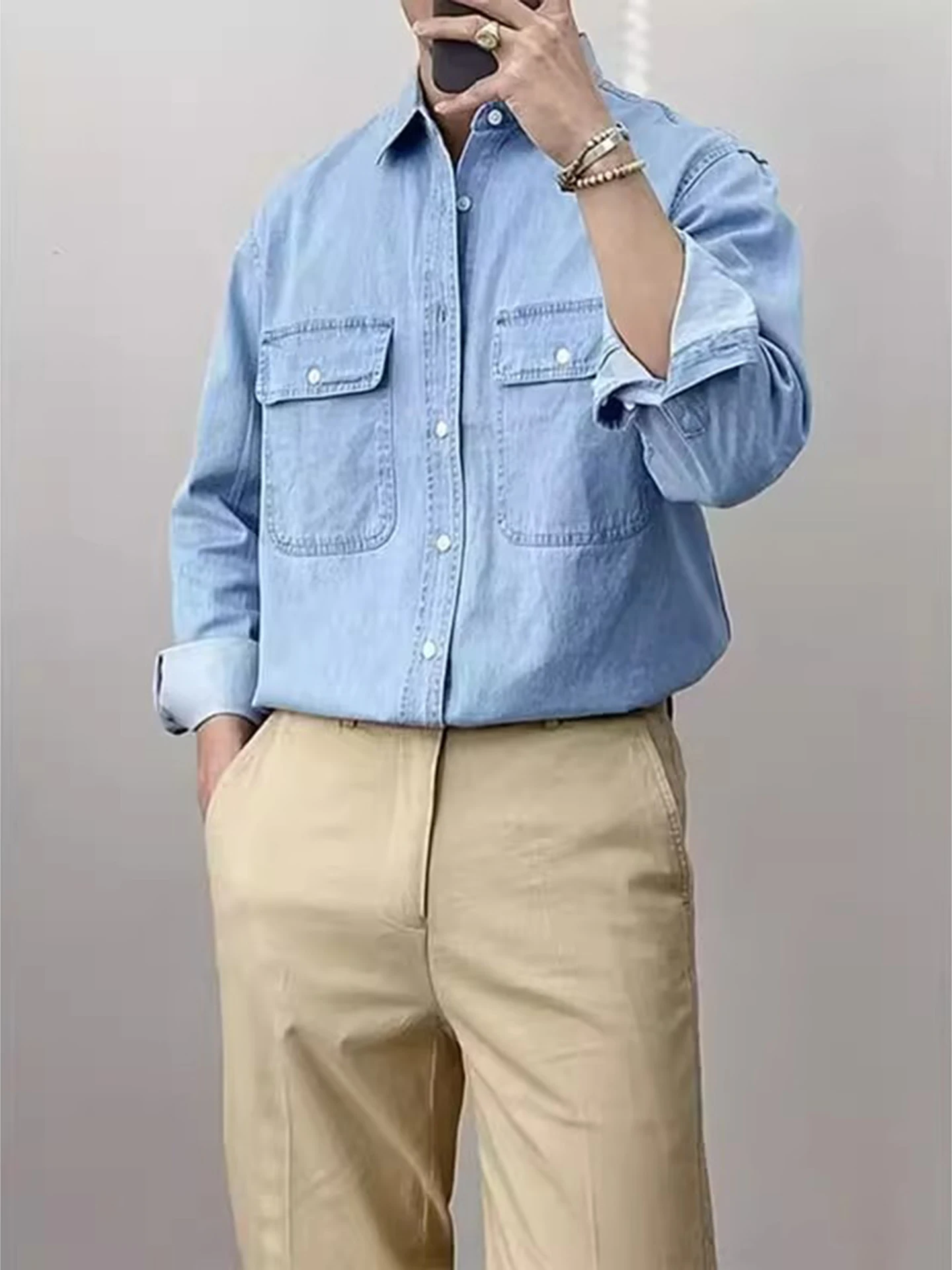 

Korean Style British Long Sleeve Denim Shirt Men's Spring Autumn High Sensation Cool American Workwear Shirt Coat