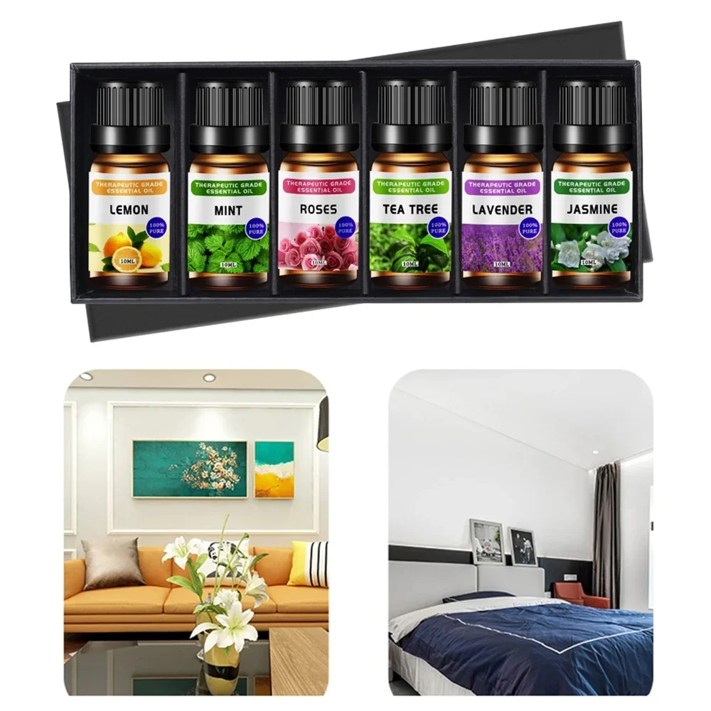6 في 1 مجموعة الزيوت العطرية العطرية مزيج الناشر للمنزل مكتب الليمون النعناع شجرة الشاي الورد الخزامى الياسمين مستخلص نباتي طبيعي