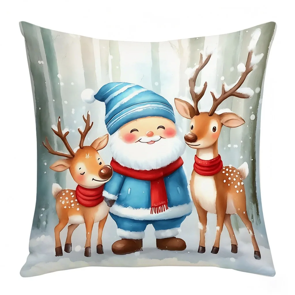 

45x45cm Winter Blue Pillowcase Cartoon Santa Claus Snowman Elk Xmas Sofa Pillow Cover Noel Navidad Merry Christmas Home Decor