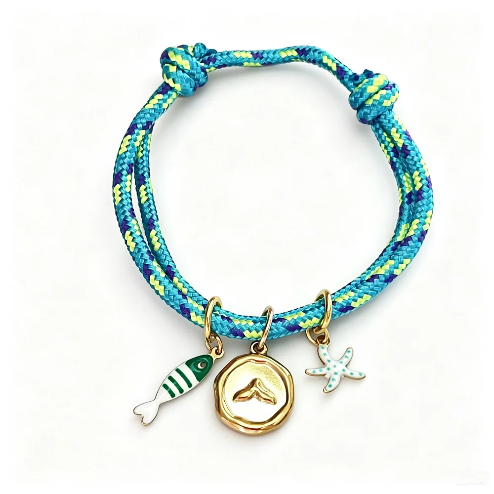 Handmade Beach Vibe Bracelet Fish Starfish Shell Charm Adjustable Rope Bracelet