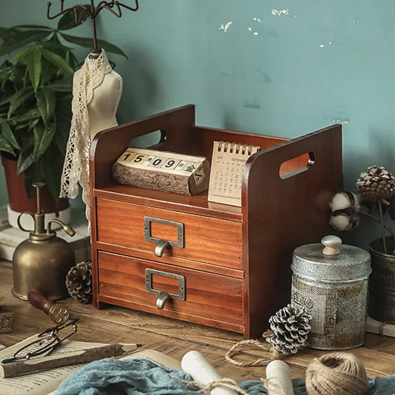 Wood Retro Organizer Box Desktop Vanity Cosmetics and Jewelry Storage System Multifunctional Desk File Drawer Elegant Beauty