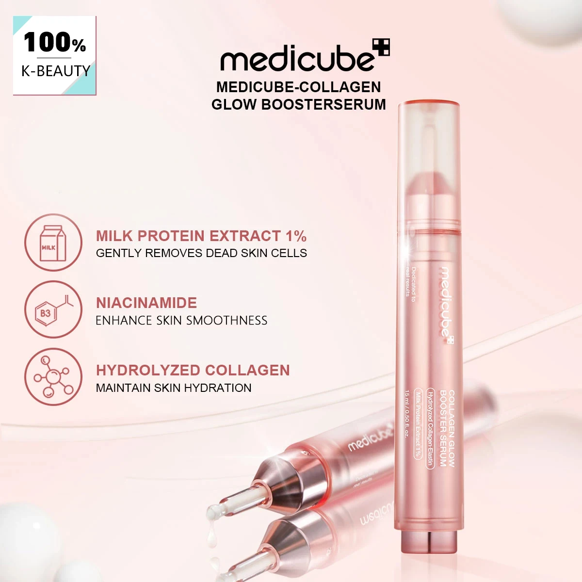 Medicube colágeno brilho impulsionador soro 15ml, textura creme sedoso, hidratação de longa duração, reparo intensivo, k-beauty, maquiagem coreana