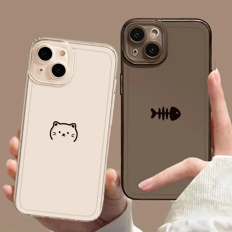 Funny Cute Cat Fish Clear Paired Couple Phone Case For iPhone 16 15 14 12 11 13 Pro Max 13Mini SE 7 8 14Plus Cover Fundas Shell