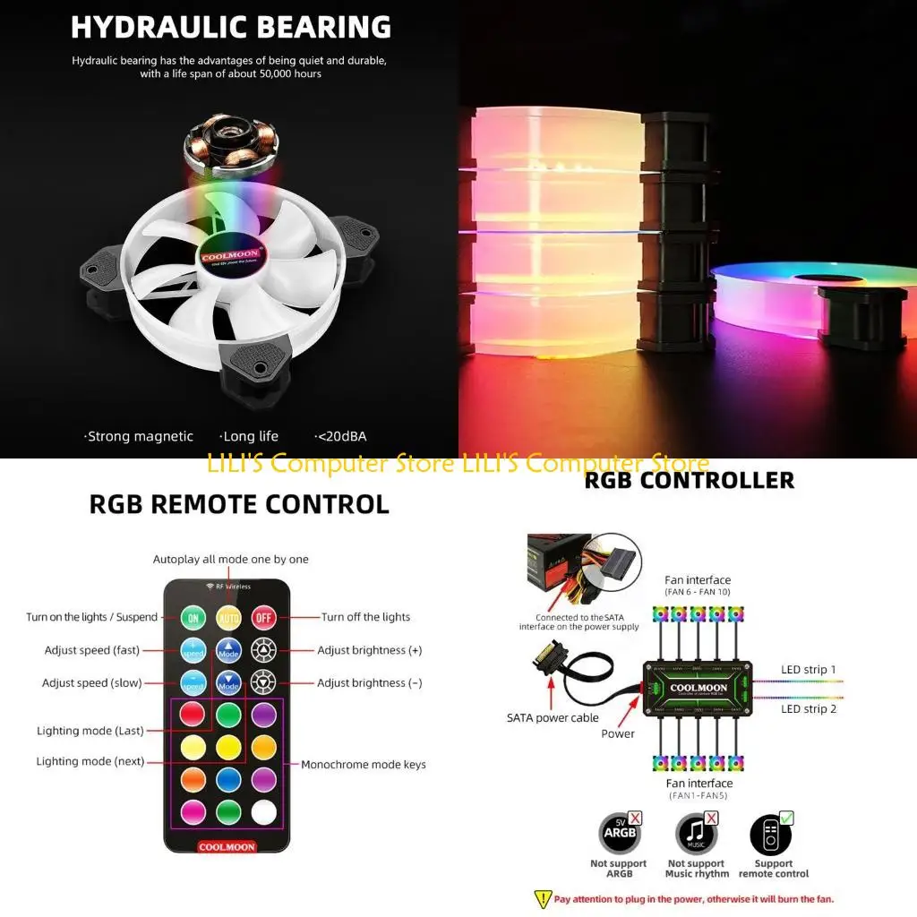 

A52B Coolmoon Computer Chassis PC Fan Adjust RGB Cooling Fan Silent Control Computer Cooler Cooling RGB for Case Fans 120mm