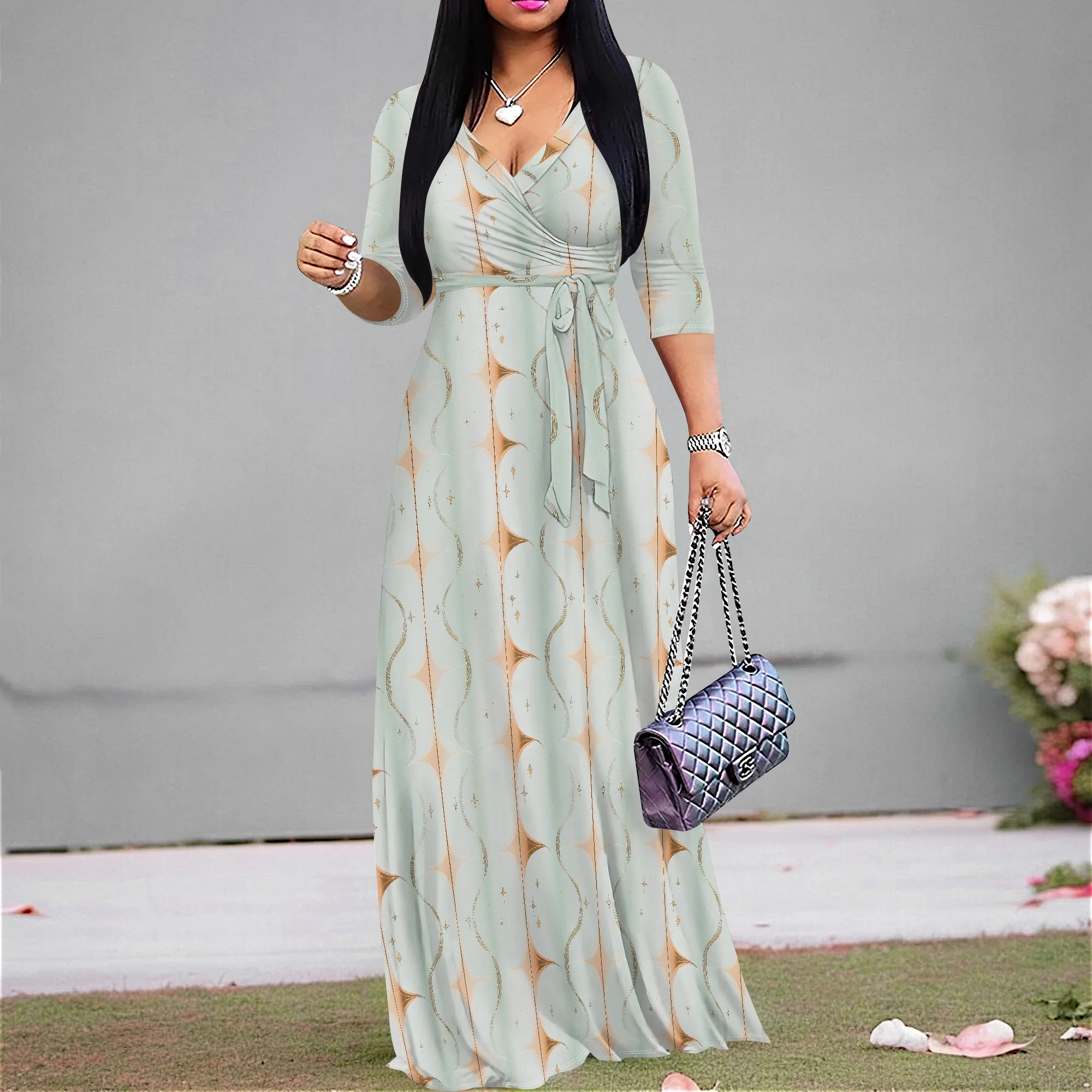 

Pastel Green Abstract Print Maxi Dress S-3XL, Elegant Summer Wrap Dress for Mother's Day Gift