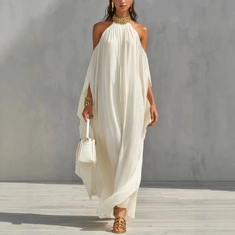 

Cross-border European and American women's clothing neck strap off-the-shoulder solid color chiffon loose skirt long dress