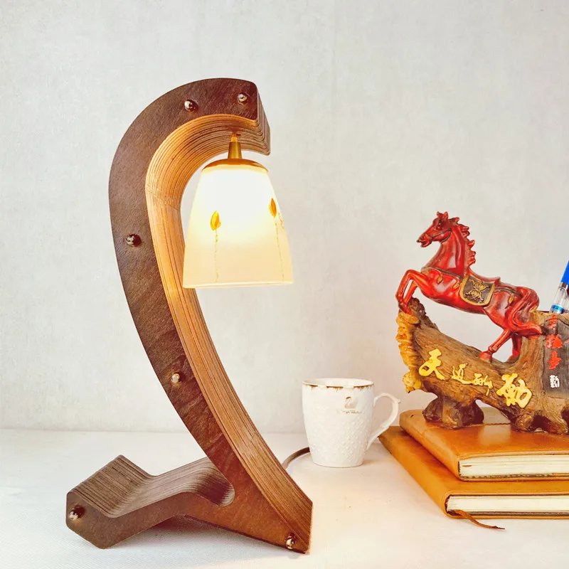 

Creative Minimalist Retro New Chinese Style Glass Desk Lamp Led Desktop Decoration Bedroom Headboard Wooden Art Lamp