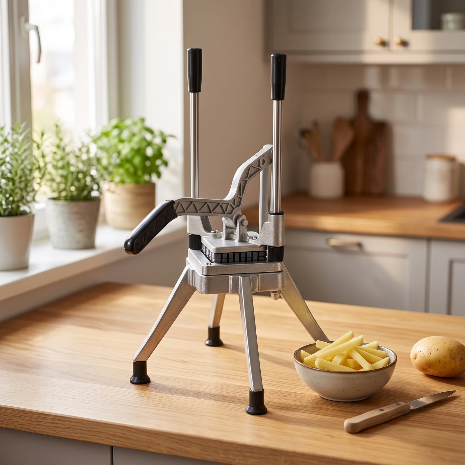 Vegetable Cutter with Interchangeable Blades Stainless Steel Manual Potato Chipper Upright Vegetable Dicer Heavy Duty Countertop
