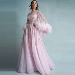 Luxury Pink Sequined Evening Dress for Elegant Women Long Sleeve Feathers Sweep Train Formal Occasion Vestidos Wedding Gowns