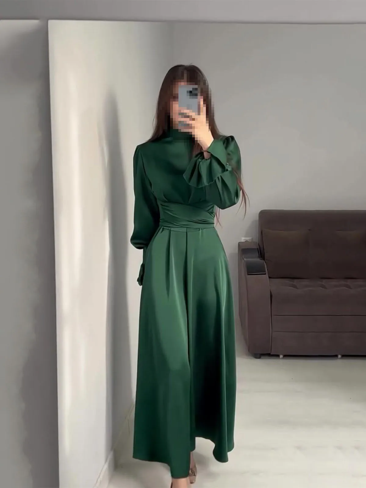

Trendy Women's Dresses 2024 Autumn Solid Color Sexy Slim O-neck Long Ruffle Sleeve Waist Strap Dress For Women Party Robe Femme