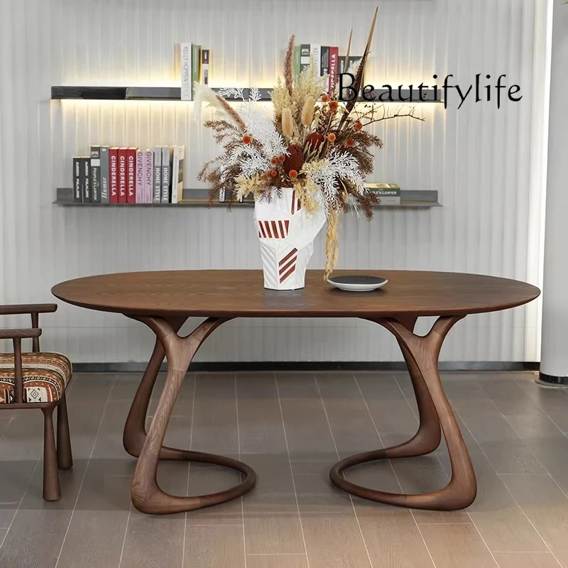 

Medieval solid wood dining table high-end hotel negotiation table black walnut tea dining table light luxury