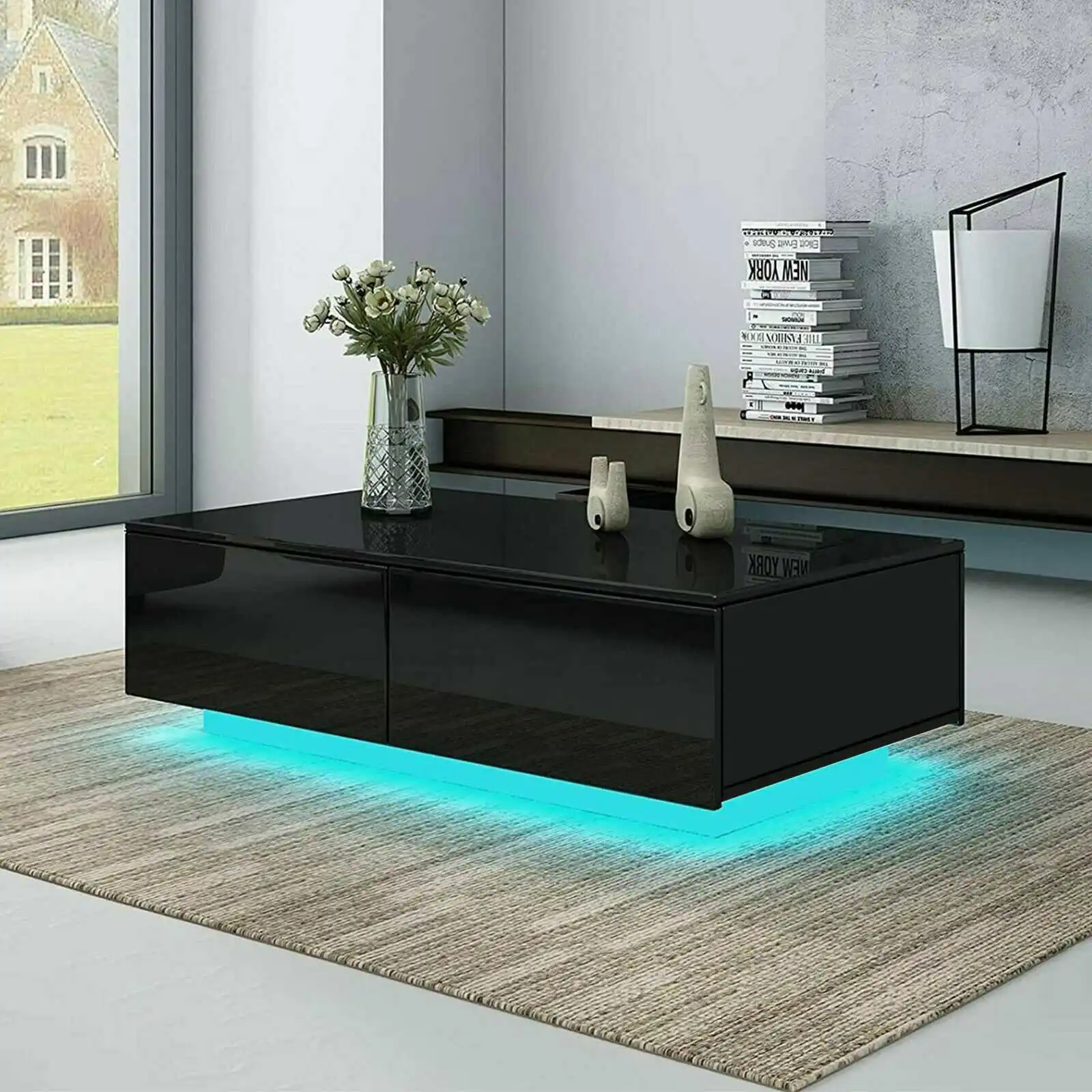 Living Room Furniture  Modern High Gloss RGB LED Coffee Table with 4 Drawer Storage Sofa Side End Table Home Furniture black