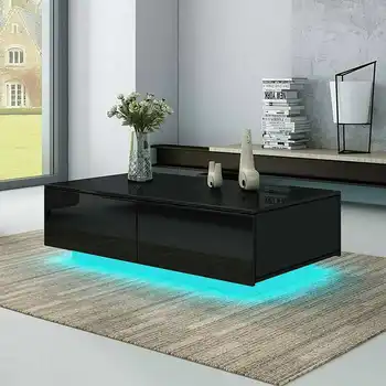 Image Living Room Furniture  Modern High Gloss RGB LED Coffee Table with 4 Drawer Storage Sofa Side End Table Home Furniture black