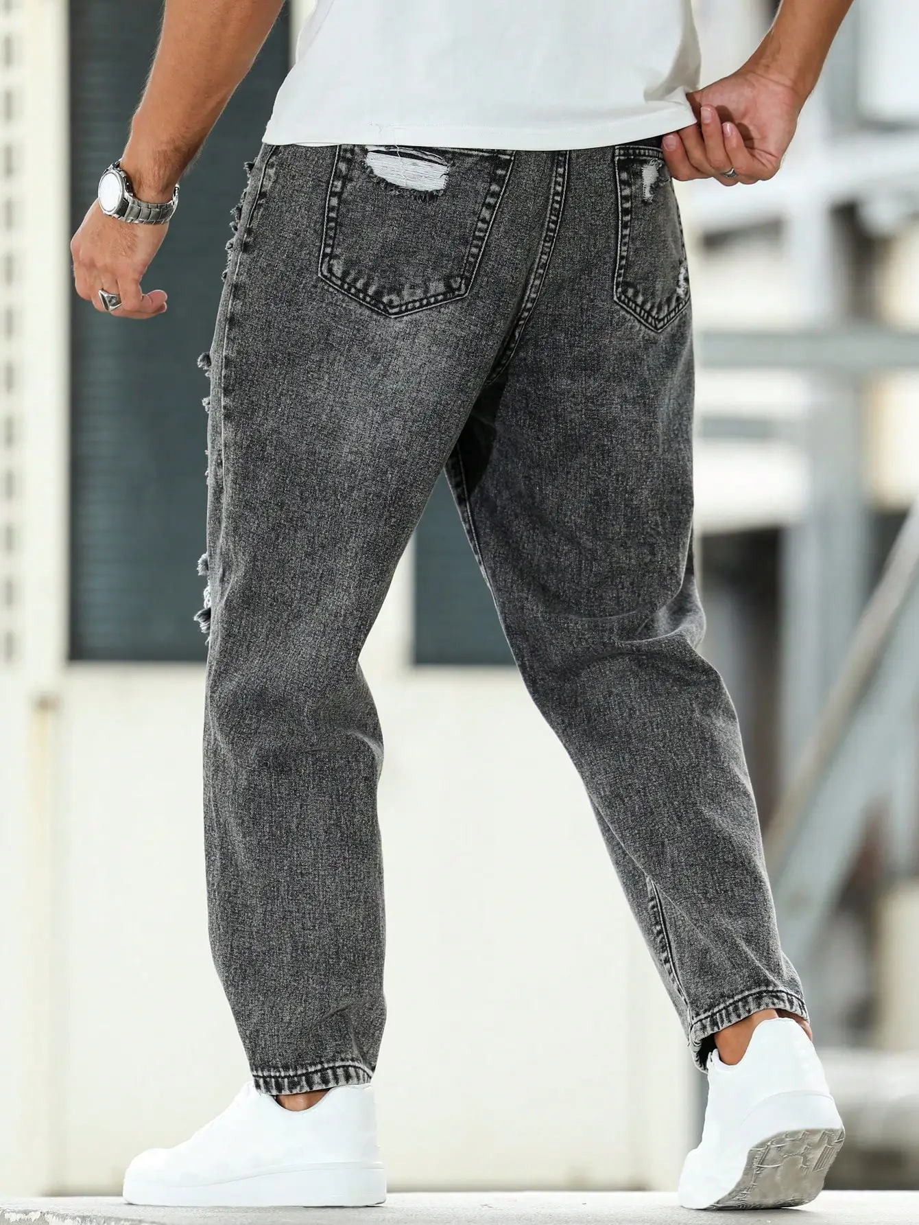 جينز ممزق للرجال لفصل الربيع والخريف، سروال حريم رمادي داكن. أسلوب الشارع. الاتجاه غير الرسمي. #2