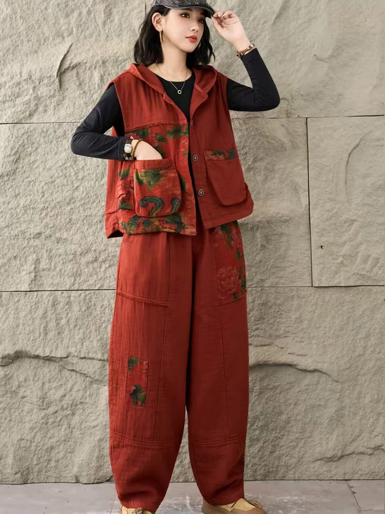 Amax lulue feminino com capuz denim 2 peças define moda colete ternos punk sem mangas casacos calças soltas jeans clássicos roupas impressas
