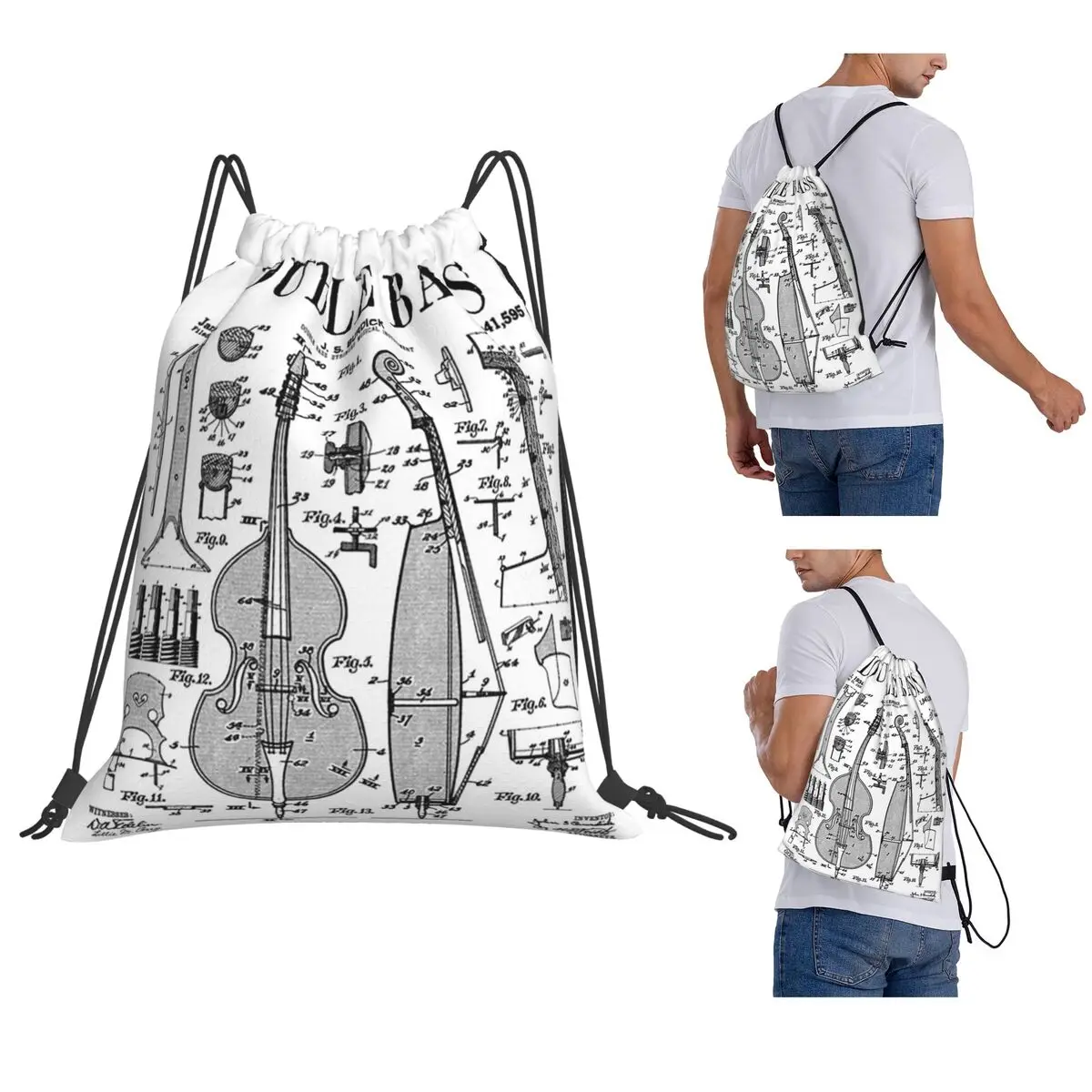 Double Bass Player Bassist Musical Instrument Vintage Patent Backpacks Drawstring Bags Storage Bag Book Bags for Unisex School