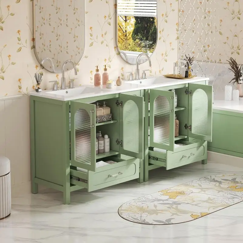 *v Modern Waffle Texture Double Sink 8 Drawers 4 Soft-Close Doors Glass Storage Stylish Floor Standing Bathroom Vanity