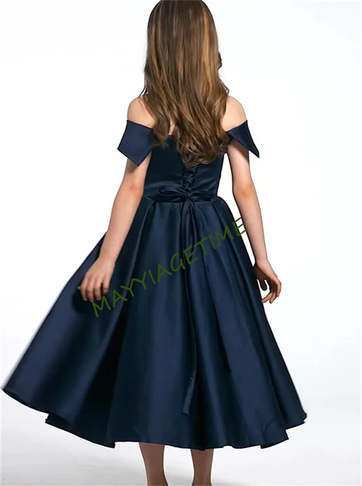 

Navy V-neck Wedding Flower Girl Dress Knee Length Classic Birthday Off the Shoulder A-LINE Prom Satin Princess Dresses