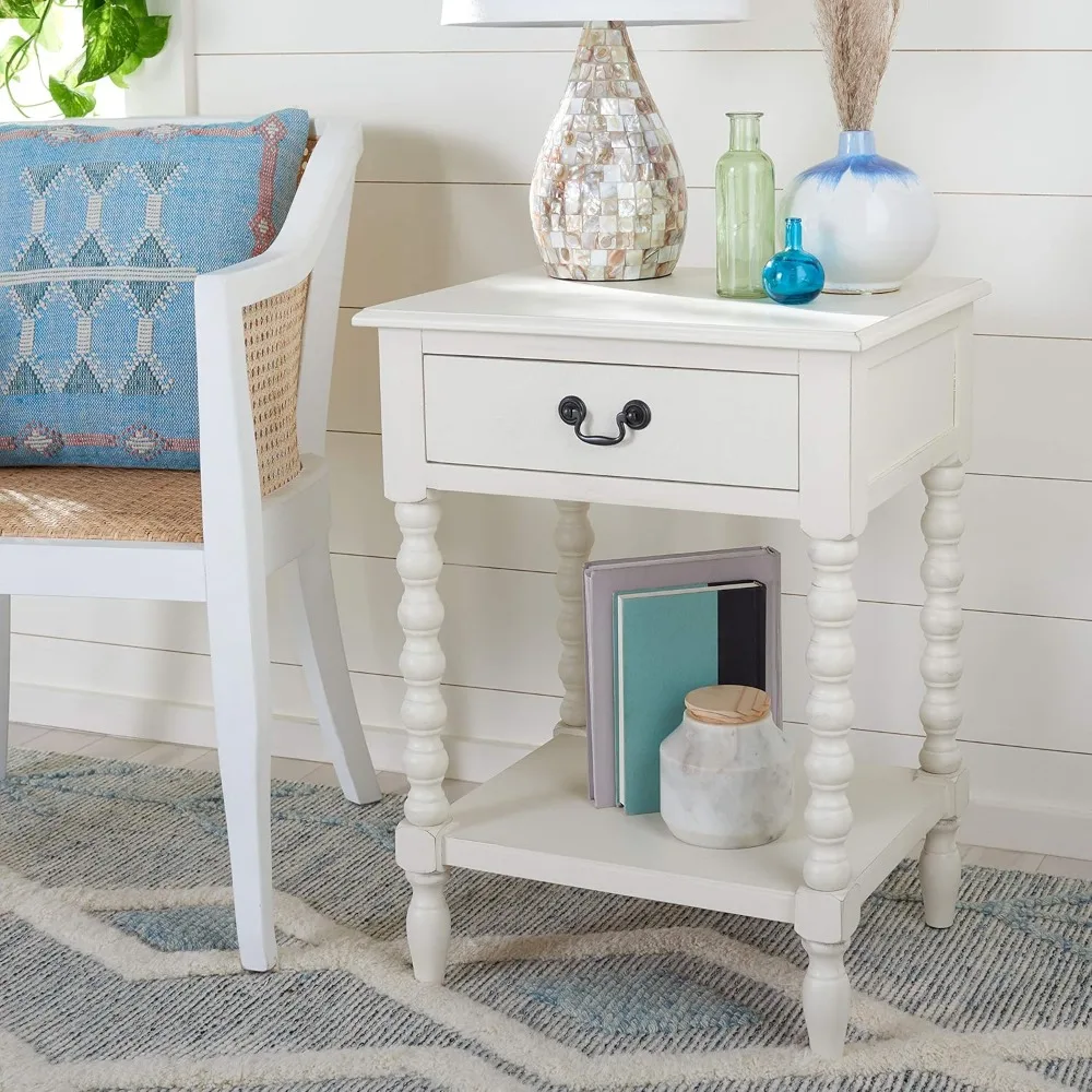 

Home Collection, Athena Distressed White Accent Table with Drawer & Shelf, Farmhouse Storage Nightst, Customized
