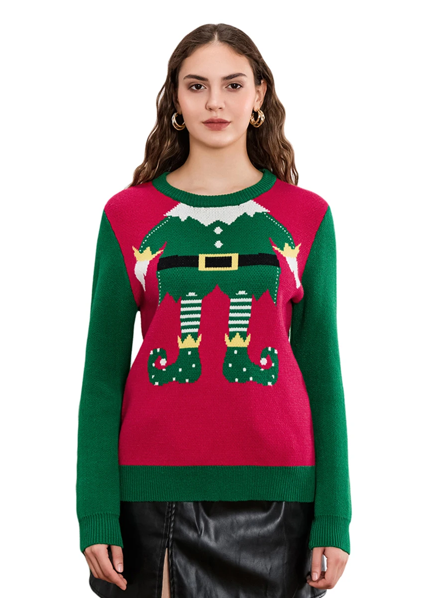 Women Cute Christmas Sweaters Casual Trendy Elf Legs Print Crew Neck Warm Pullover Basic Knitwear for Fall Streetwear