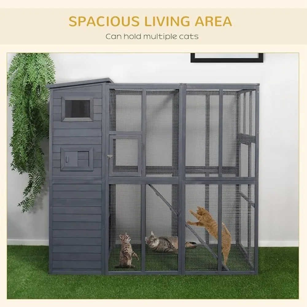 Casa para gatos al aire libre, refugio para gatos Feral de madera, jaula para gatos con plataformas, techo de asfalto impermeable, rampas, 77" de largo, gris