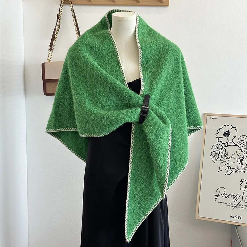 

Buckle shawl elegant socialite autumn winter warm solid color faux wool premium scarf cape pure color