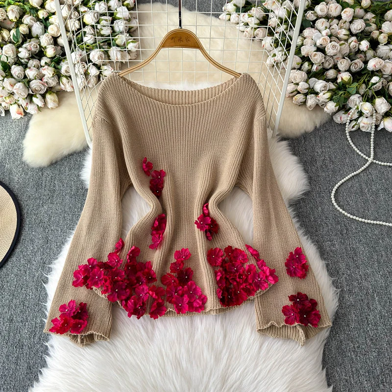 2024 Autumn Women's Sweaters with Flowers Long Flare Sleeve Shoulderless Loose Female Knitting Pullovers Sexy Womens Knitwear