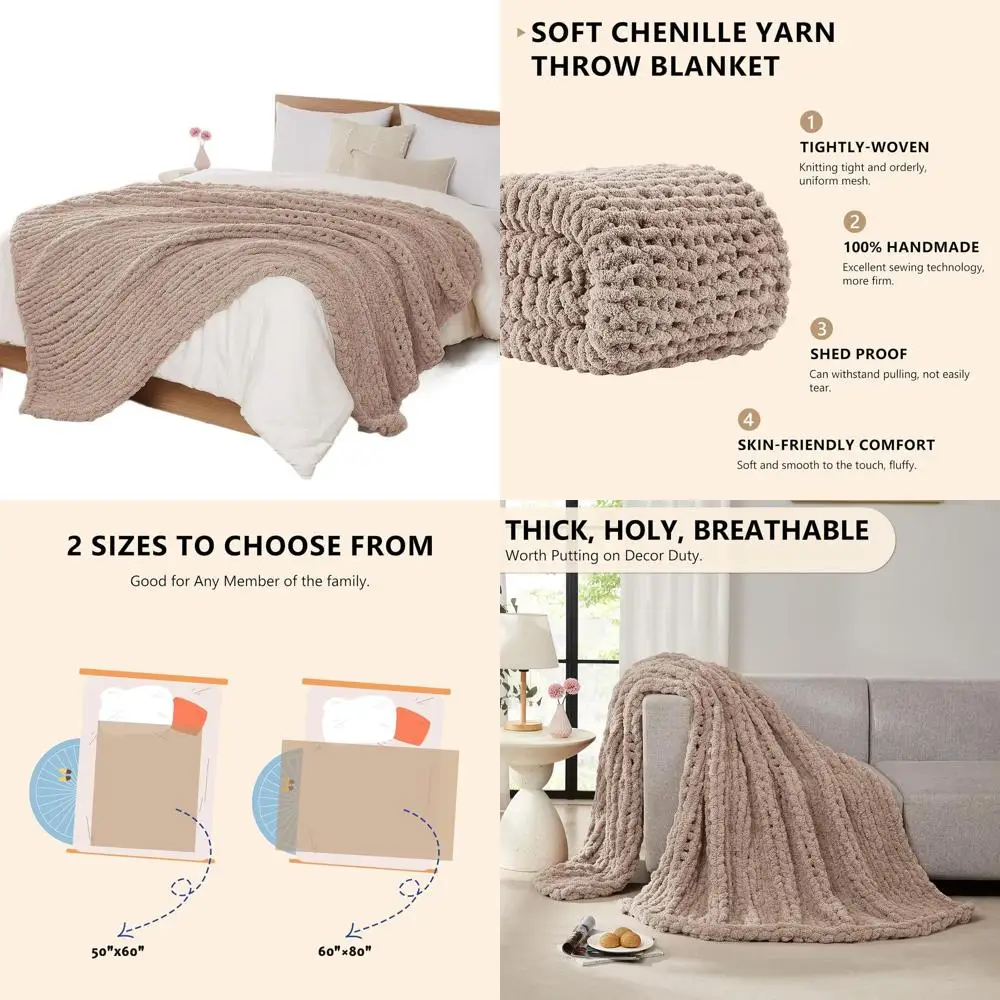 

Large 50x60 Handcrafted Cable Knit Chenille Throw Blanket for Bed or Couch - Light Taupe
