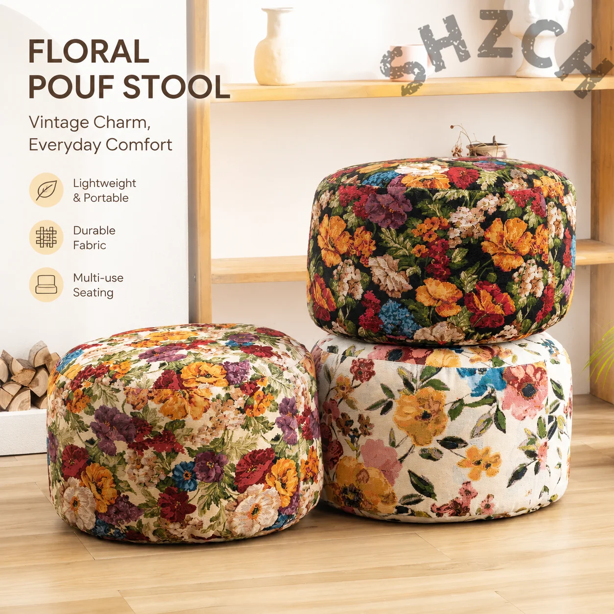 Bohemian Watercolor Iris Pattern Round Pouf | Removable Cover, Multi-Functional Footrest Seat