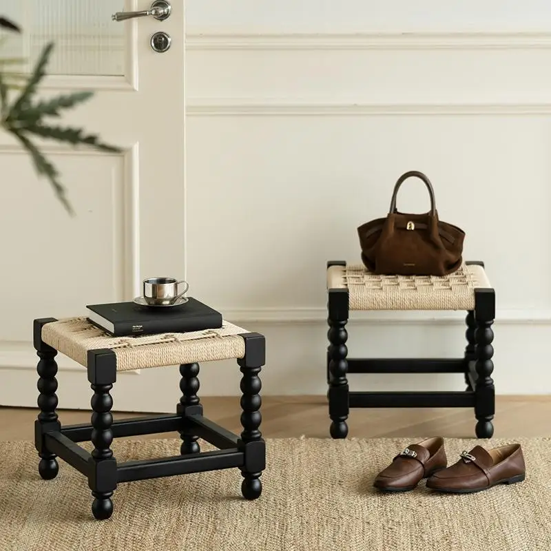 Modern Woven Rope Seat Stools Solid Wooden Low Stool for Home Living Room