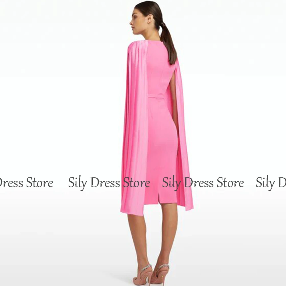 Fashion Cocktail Party Gowns Satin&Jersey Straight Birthday Dress Pink Boat Neck Cloak Sleeves Simple Beach Dress Midi 2024