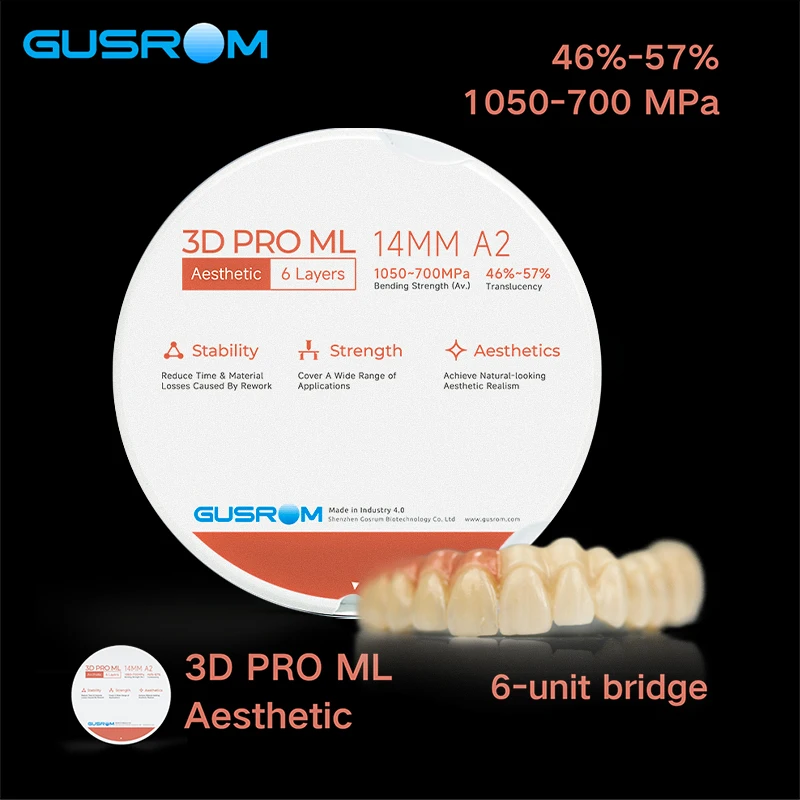

GUSROM 3D PRO 95mm Zirconia Block ML Aesthetic Multilayer 6-Layer High 46%-57% CAD/CAM Zirconia Disc for Dental Crown Bridge