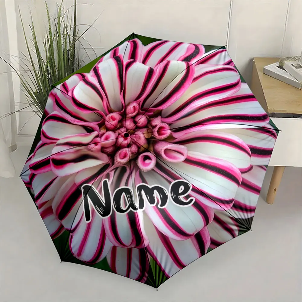 Custom Name Umbrella, Pink and White Striped Flower Pattern Umbrella Design Folding Umbrella for Sunny and Rainy,Gift