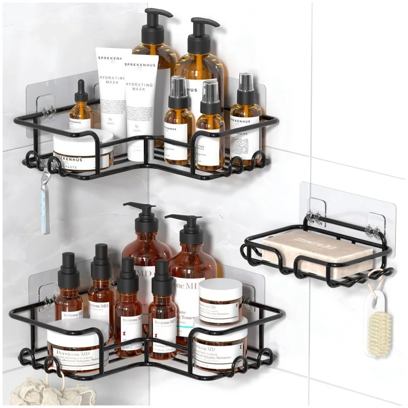 

3 Pack Corner Shower Organizer Rustproof Self Adhesive Shelves with Soap Holder and Hooks Space Saving Design Easy Installation