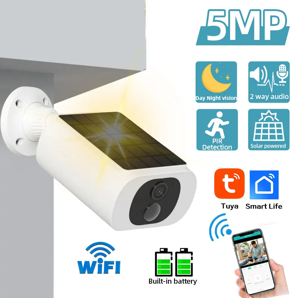 

5 МП Wi-Fi камера Tuya на солнечной батарее, беспроводная уличная IP-камера 2K с питанием от аккумулятора, IP66, PIR-датчик, видеонаблюдение, охранная камера-пуля
