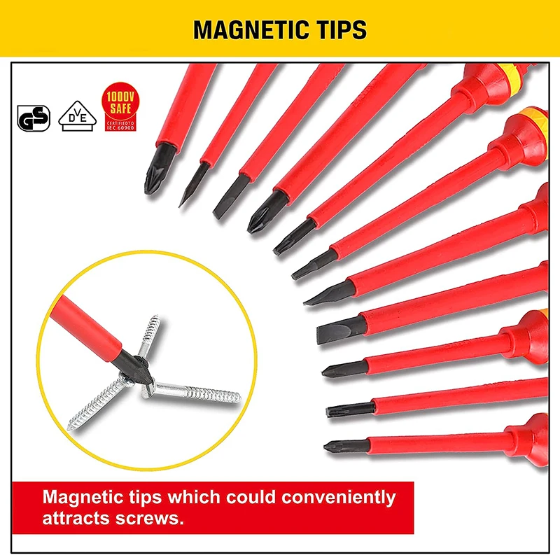 13pcs 1000V VDE Insulated Screwdriver Electrician Repair Tool Kit Magnetic Screw Driver Slotted Phillips Pozidriv Torx Cr-V Bits