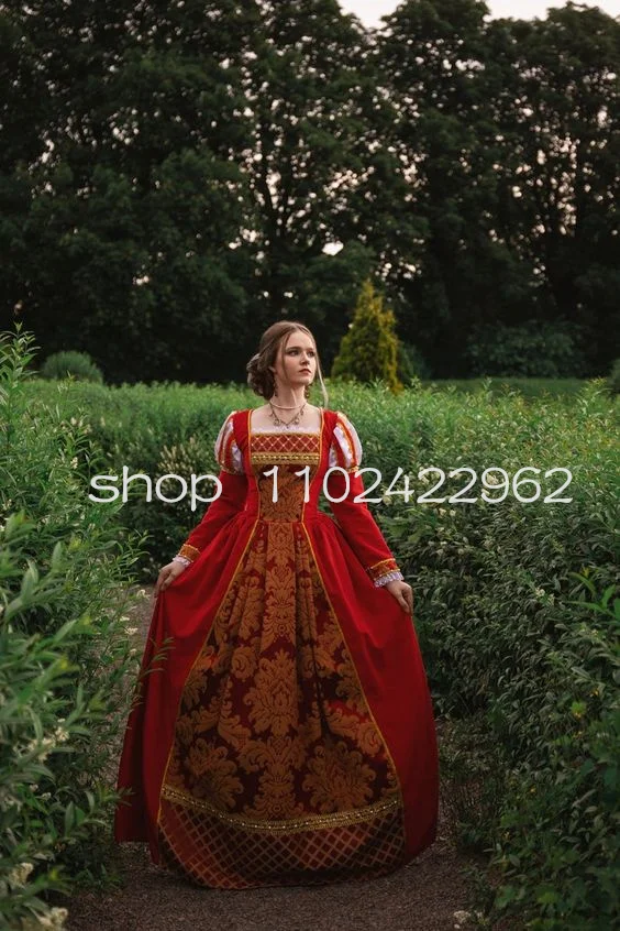 Red Italian Renaissance Evening Dress for Women Long Sleeve 16th Historically Lace Costume Prom Gown Civil War dress wear