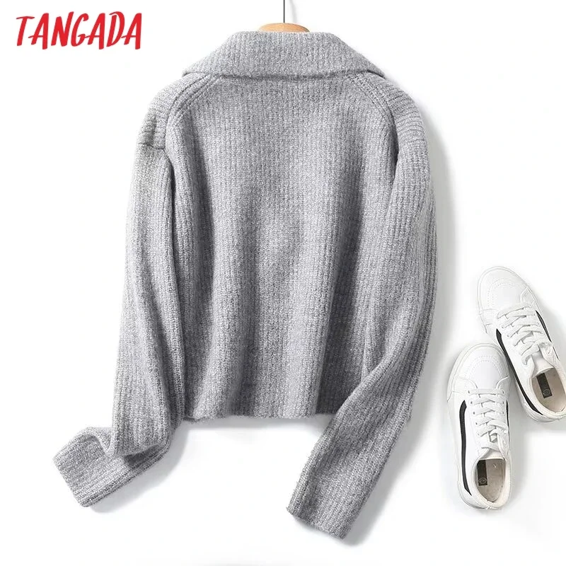 Tangada Women Solid Gray Crop Cardigan Sweaters Female Thick Jumper Outwear 4C304