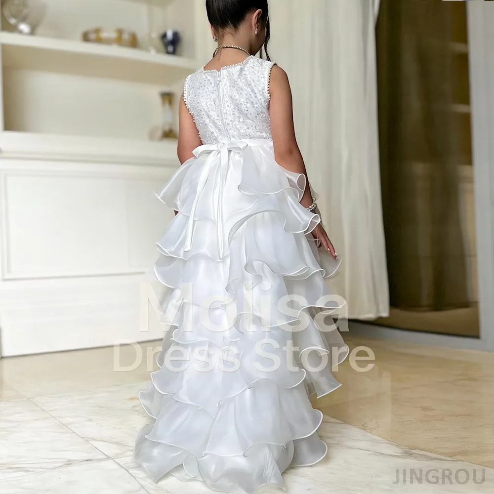 Tiered Cake Flower Girl dresses Sequin Dress for girls A-line Birthday Dress Hi-Lo Girl Princess Dress Bow Ivory Kids' dresses