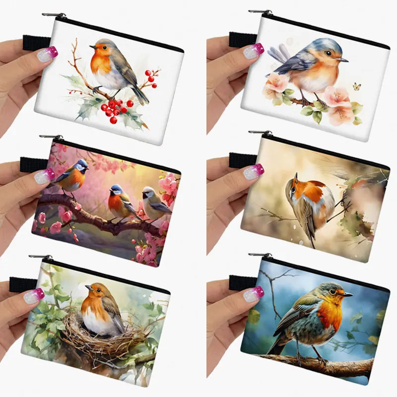 Cute American Robin Bird Coin Bag Money Zipper Pouch ID Credit Card Key Earphones Holder Small Wallet Coin Purse