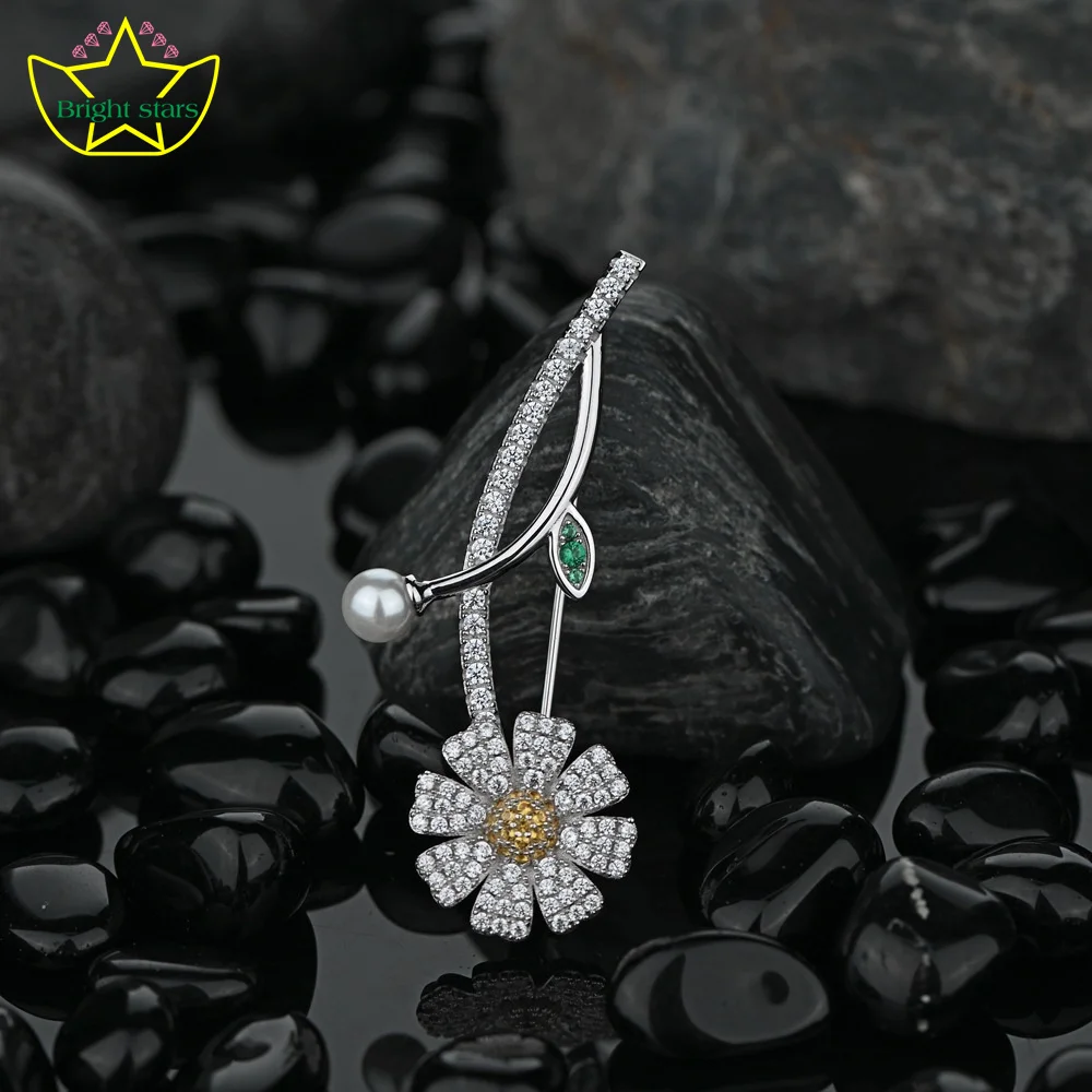 Bright Stars S925 Sterling silver diamond note shape small Daisy brooch super flash clothing decoration jewelry