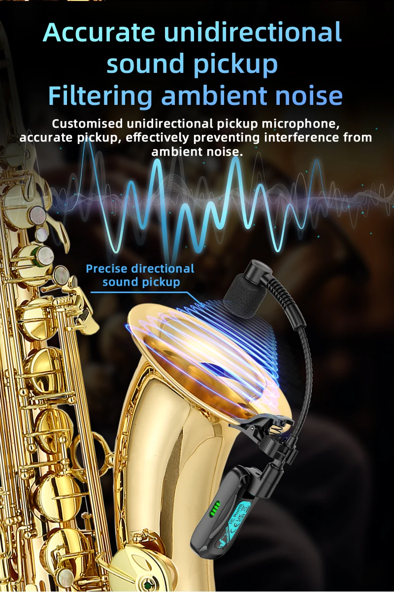 JAMJUM WS-MiC2 Wireless Saxophone Microphone System with HD Sound Quality, Directional Noise Reduction, 360-Degree Rotation.