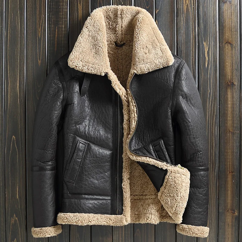 New Mens Brown Genuine Leather Jacket Thick Shearling Coat Men Short Winter Sheepskin Fur Real Plus Size 5XL