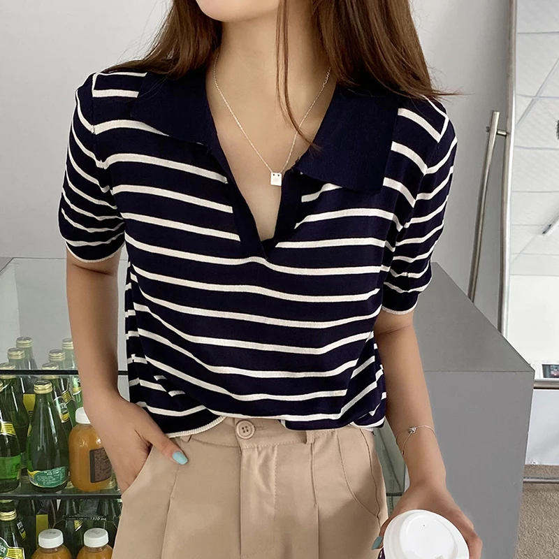 

Summer Fashion Striped T Shirt Women Clothes 2022 Knitted Turn-down Collar Tops Short Sleeve Tshirt Casual Camisetas De Mujer