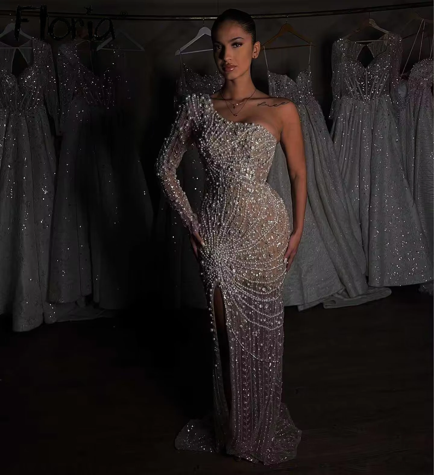 Floria Bride Modern Evening Dress for Wedding Dubai Women Full Pearls Mermaid Formal Prom Gowns Side Split Robe de Mariée 2024