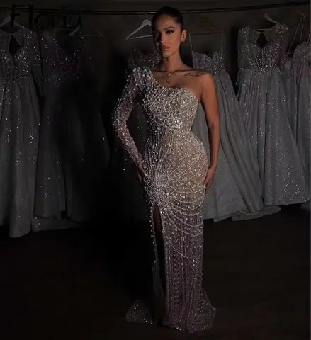 Floria Bride Modern Evening Dress for Wedding Women Full Pearls Mermaid Formal Prom Gowns Side Split Customized Robe de Mariée