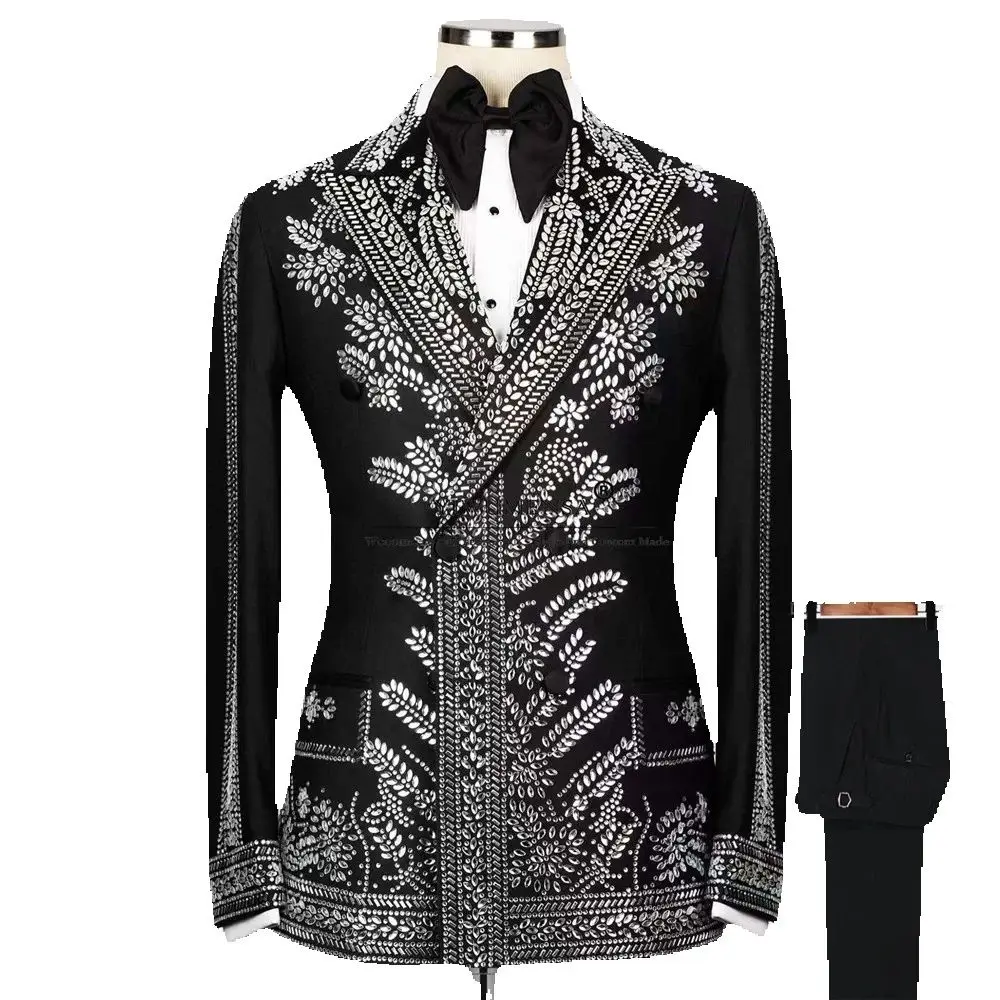 

Exquisited Groom Wedding Tuxedos Sliver Beaded Rhinestone Beaded Double Breasted Jacket Pants 2 Pieces Male Fashion Dresses 2025