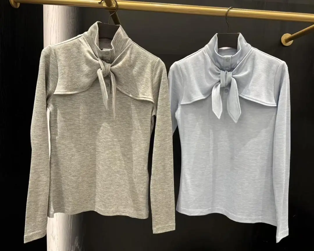 Autumn Ladies Golf Stand Collar Long Sleeve Blouse Bow Tie Decor Slim Fit Golf Sport Top